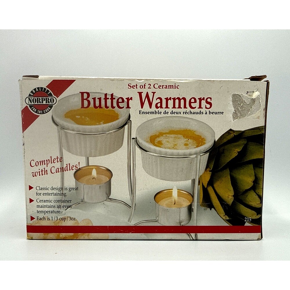 Norpro Butter Warmers, Set of 2 Ceramic Warmers, 2 Chrome Stands, 2 Tealights